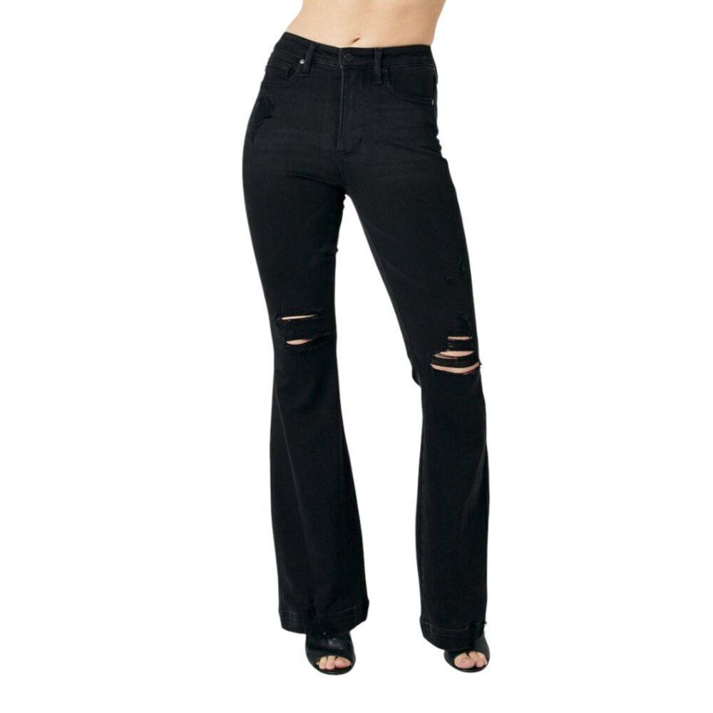 Judy Blue High Waist Tummy Control Destroy Flare Black Denim Jeans 88622 24W NWT